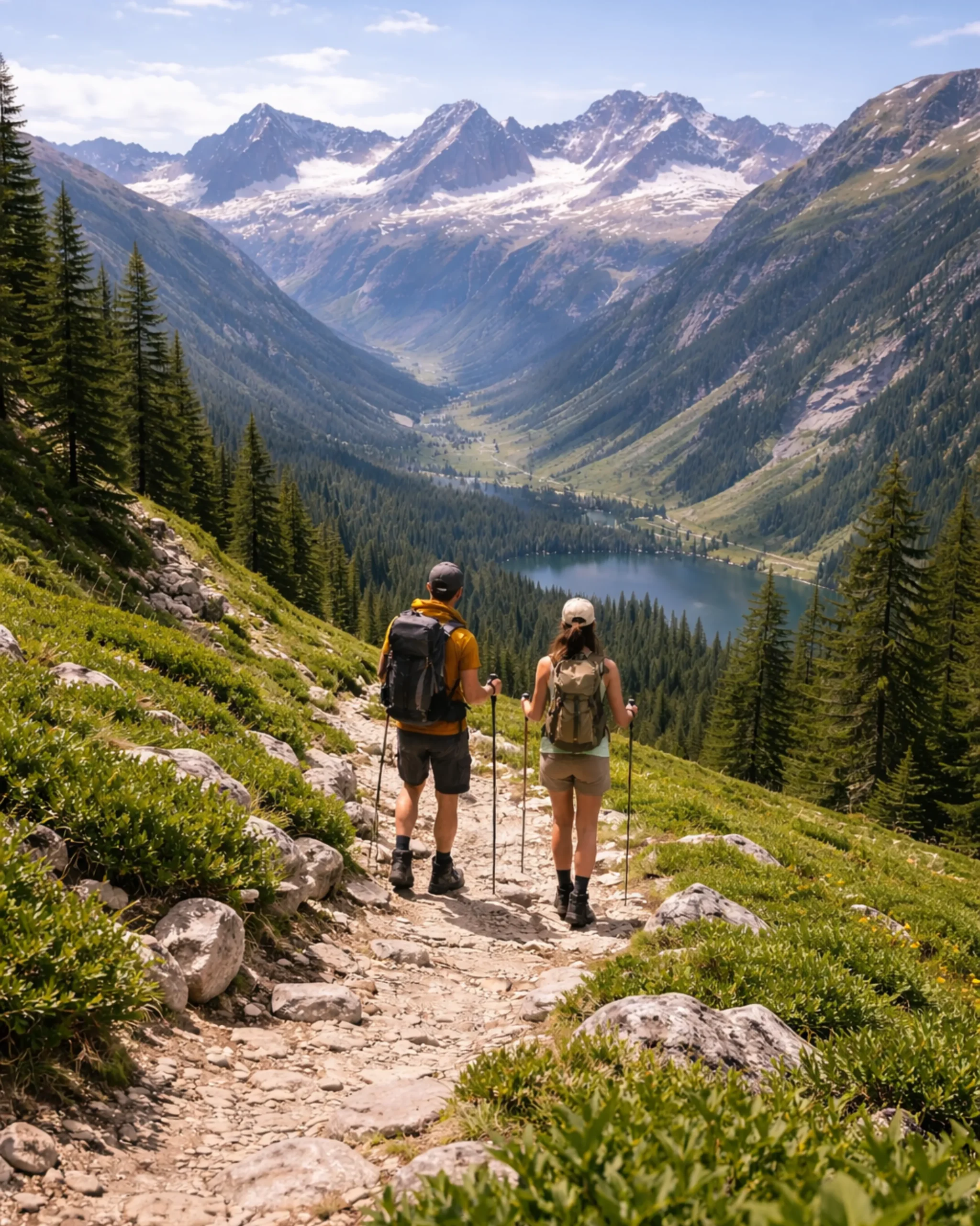 Découvrir Sallanches : séjour calme au cœur du Mont-Blanc 3 Randonneurs en été marchant sur un sentier de haute montagne, avec vue panoramique sur les Alpes et un lac en contrebas