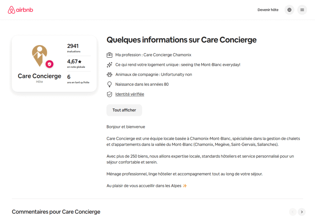 Profil Airbnb de Care Concierge