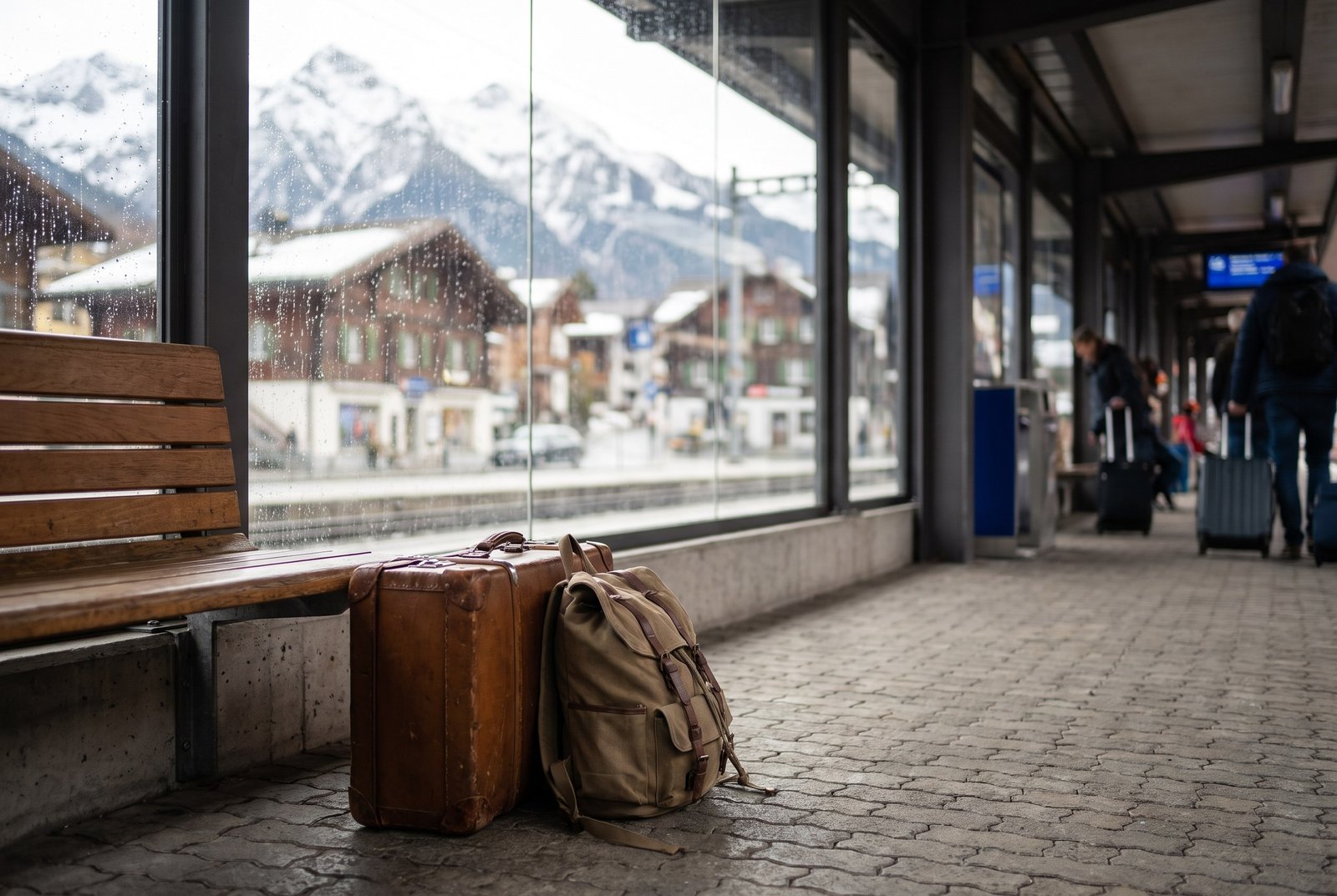 Valises sur une rue pavee de Chamonix avec vue sur les montagnes