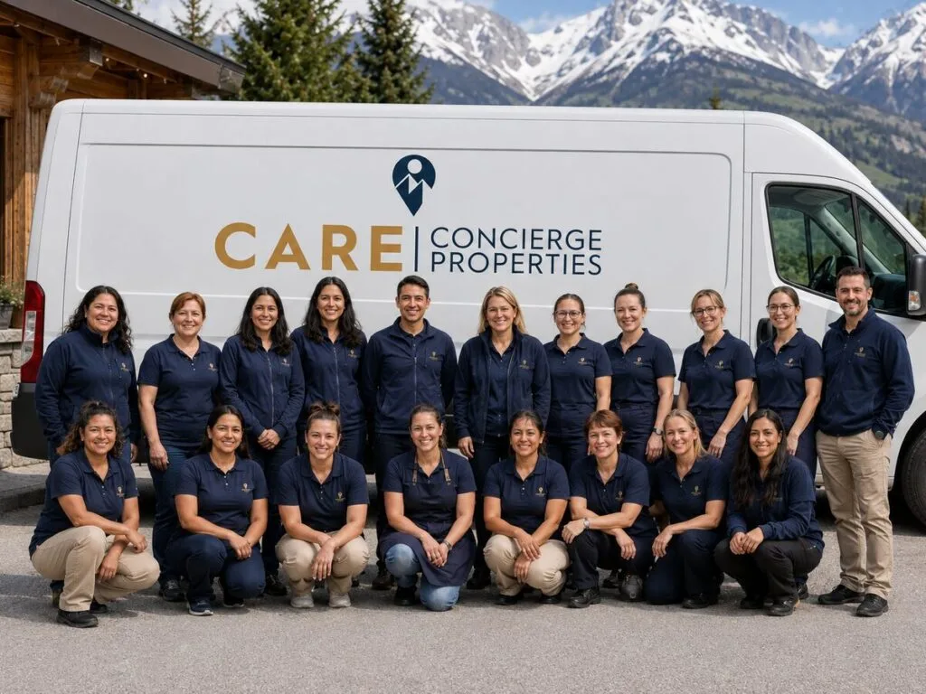 L’équipe Care Concierge & Properties en tenue devant un véhicule de service, dans la vallée du Mont-Blanc