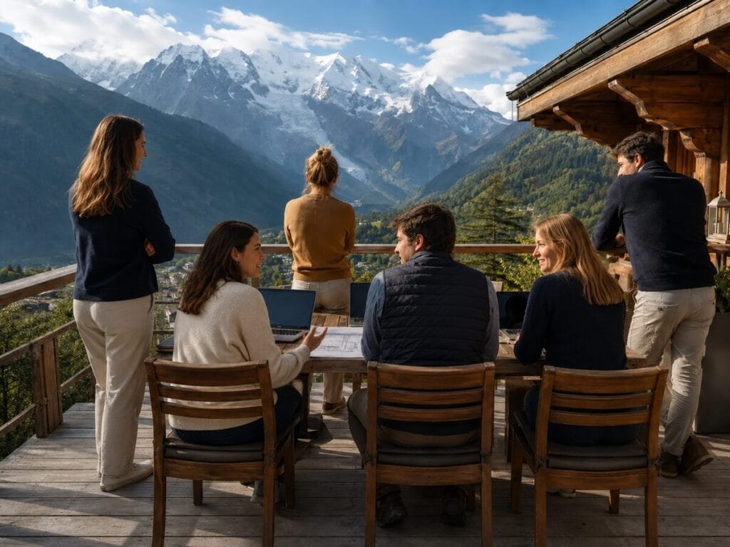 Réunion d’équipe sur la terrasse d’un chalet face au massif du Mont-Blanc, dans la vallée de Chamonix