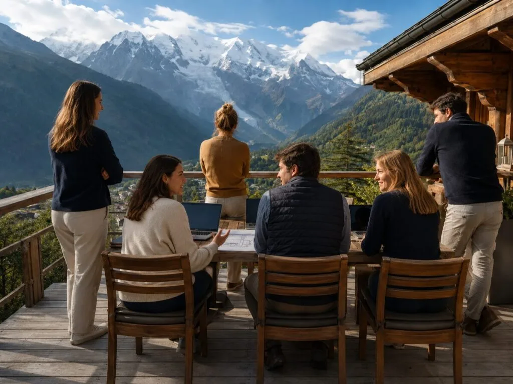 Team meeting on a chalet terrace facing the Mont-Blanc massif, in the Chamonix valley