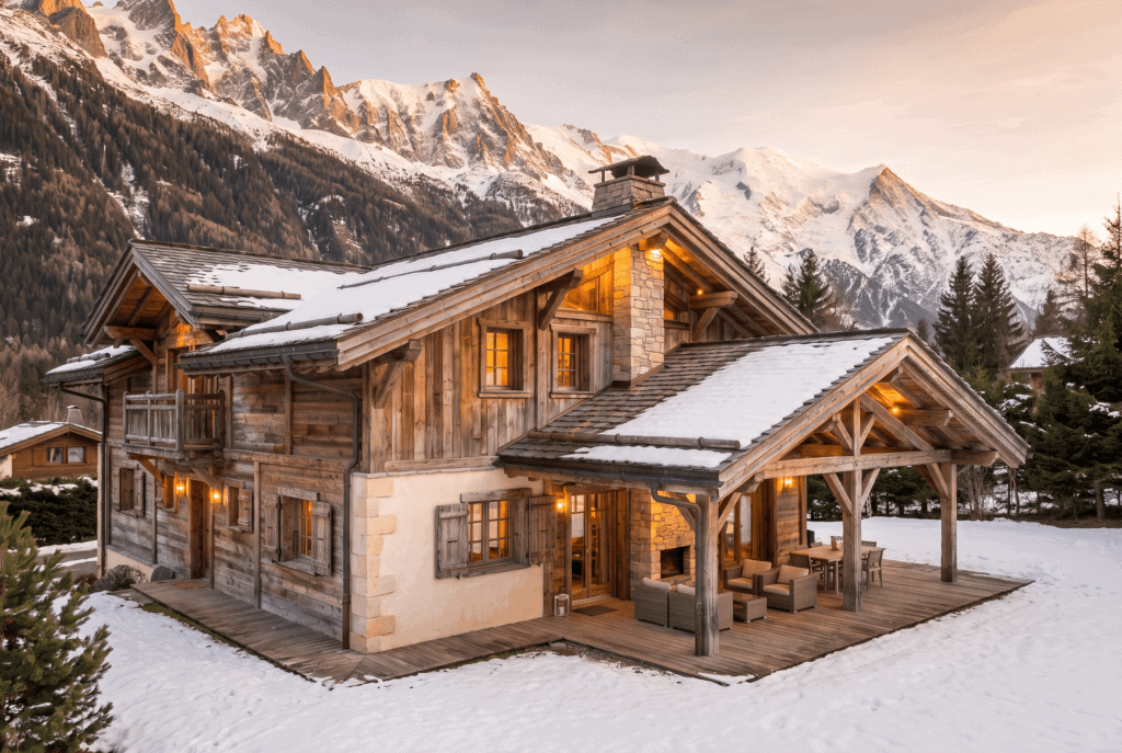 Wooden alpine chalet in the Mont-Blanc Valley with snow-capped peaks at golden hour